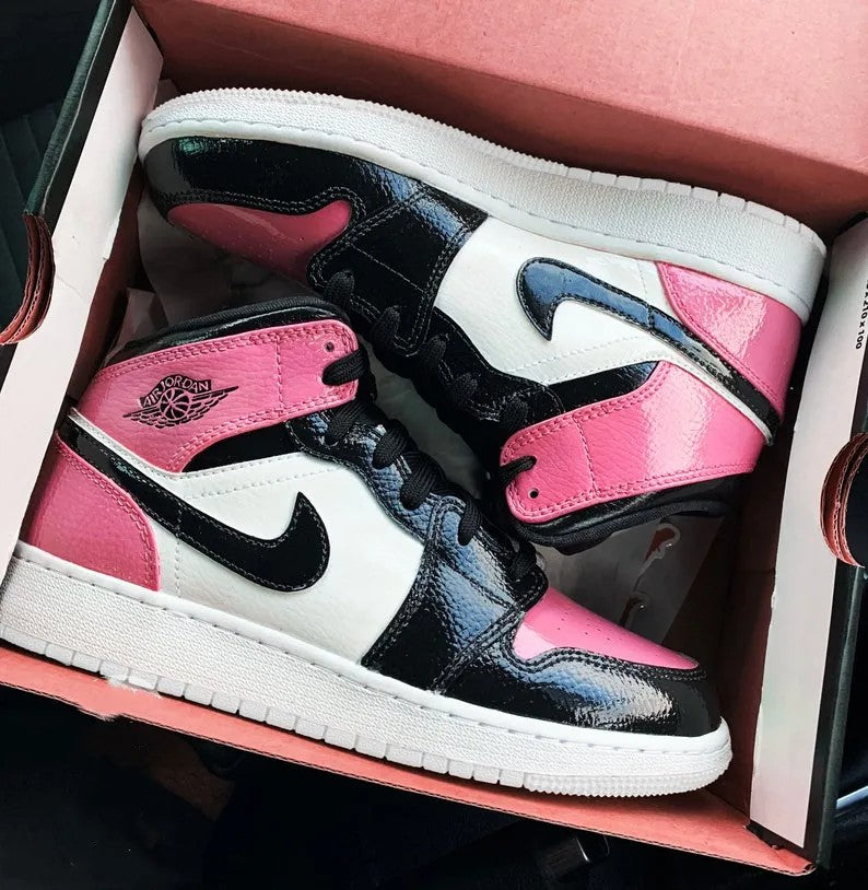 Custom Air Jordan 1 Black Pink White Shiny Material